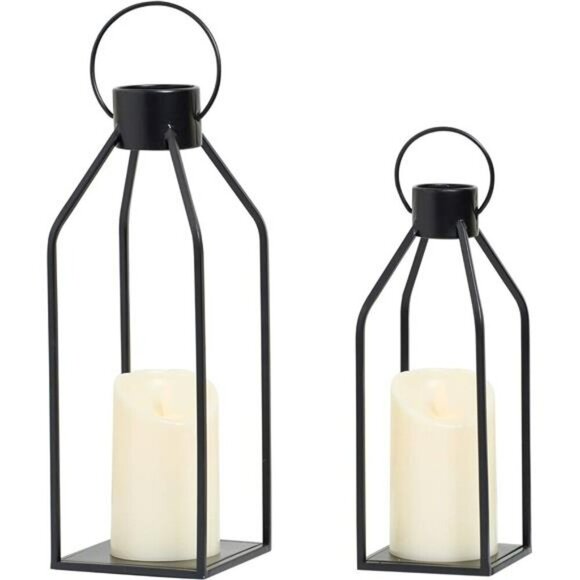 Black Metal Candle Lantern Set Farmhouse Decor with Timer for Table Fireplace - Picture 1 of 7